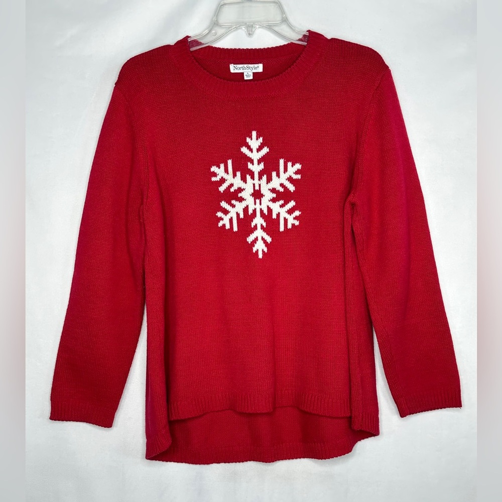 North style Red Crewneck Sweater Snowflake High Low Hem Sz‎ L